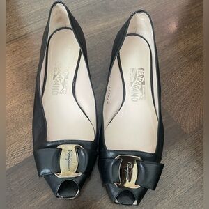 Ferragamo Black Peep Toe Flats